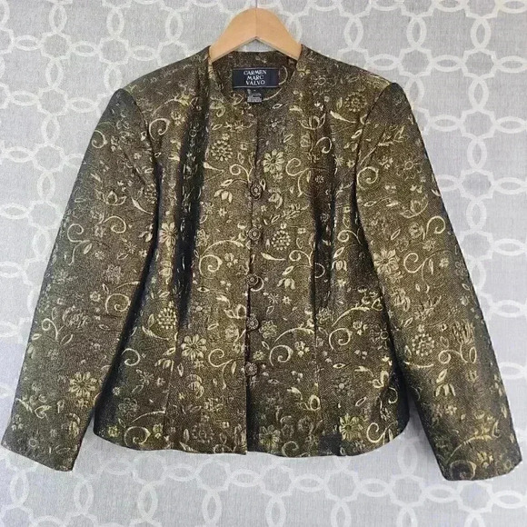 Carmen Marc Valvo Wool Blend Floral Pattern Textured Button Blazer Women's  14 - Picture 1 of 10